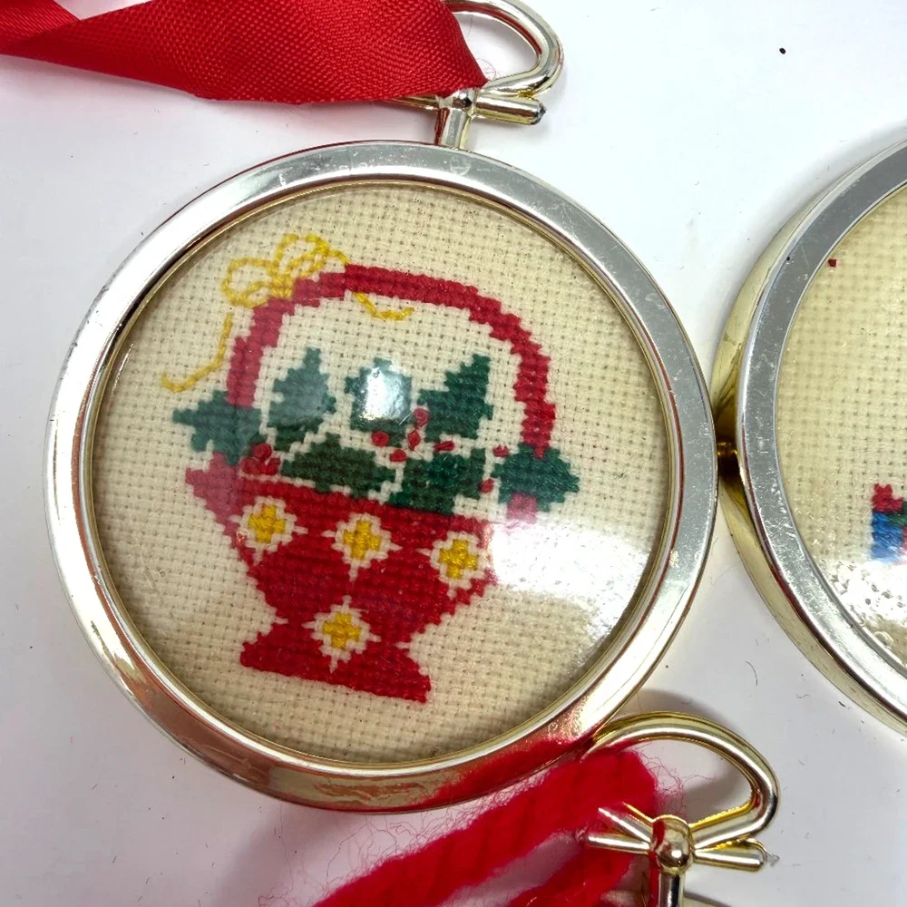 Lot of 5 Handmade Cross Stitch Christmas Ornaments Metal Frames Vintage